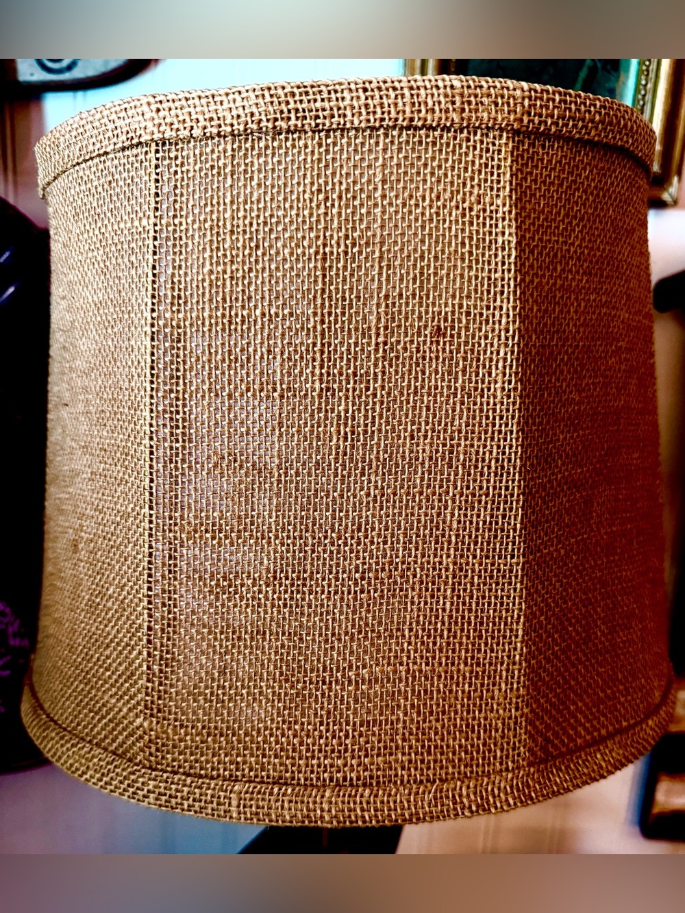 Vintage Oval Lined Burlap Washer Lampshade 8” Tall